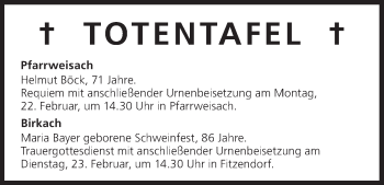 Anzeige von Totentafel vom 20.02.2016 von MGO