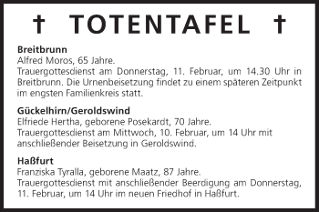 Anzeige von Totentafel vom 10.02.2016 von MGO