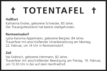Anzeige von Totentafel vom 19.02.2016 von MGO