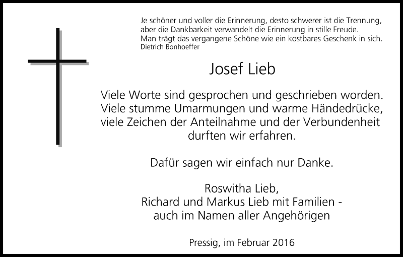  Traueranzeige für Josef Lieb vom 20.02.2016 aus MGO