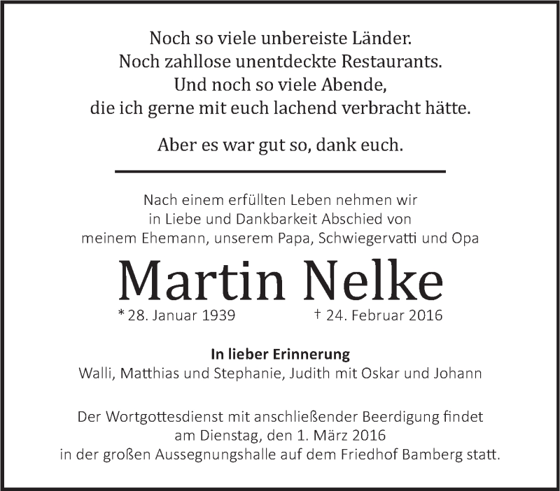  Traueranzeige für Martin Nelke vom 27.02.2016 aus MGO