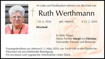 Anzeige von Ruth Werthmann von MGO