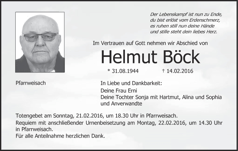  Traueranzeige für Helmut Böck vom 19.02.2016 aus MGO