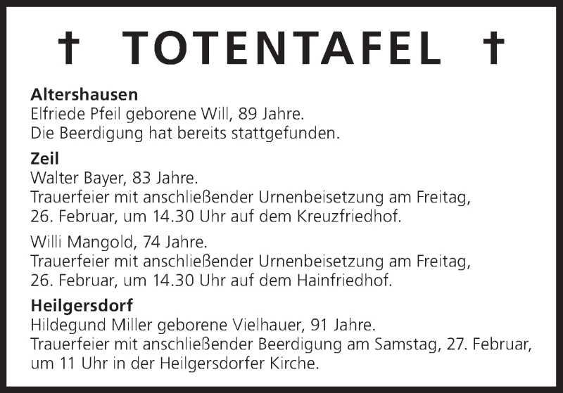  Traueranzeige für Totentafel vom 26.02.2016 vom 26.02.2016 aus MGO