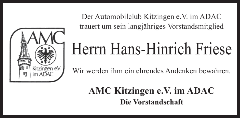  Traueranzeige für Hans-Hinrich Friese vom 09.02.2016 aus MGO