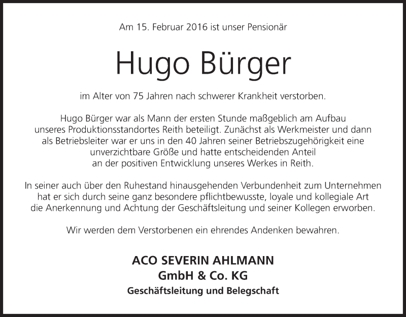  Traueranzeige für Hugo Bürger vom 20.02.2016 aus MGO