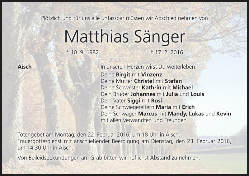  Traueranzeige für Matthias Sänger vom 20.02.2016 aus MGO