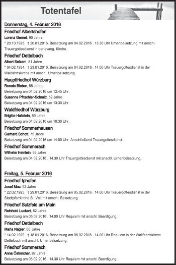Anzeige von Totentafel vom 04.02.2016 von MGO