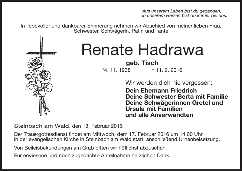  Traueranzeige für Renate Hadrawa vom 13.02.2016 aus MGO