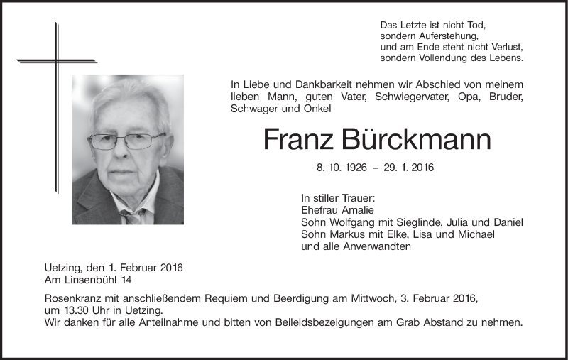  Traueranzeige für Franz Bürckmann vom 01.02.2016 aus MGO
