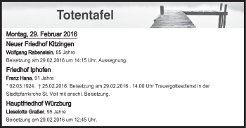 Anzeige von Totentafel vom 29.02.2016 von MGO
