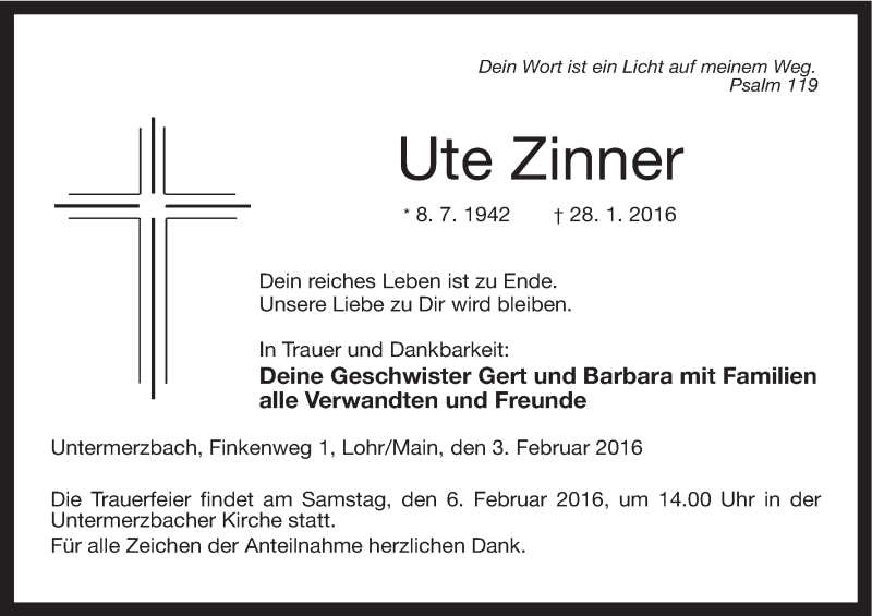  Traueranzeige für Ute Zinner vom 03.02.2016 aus MGO
