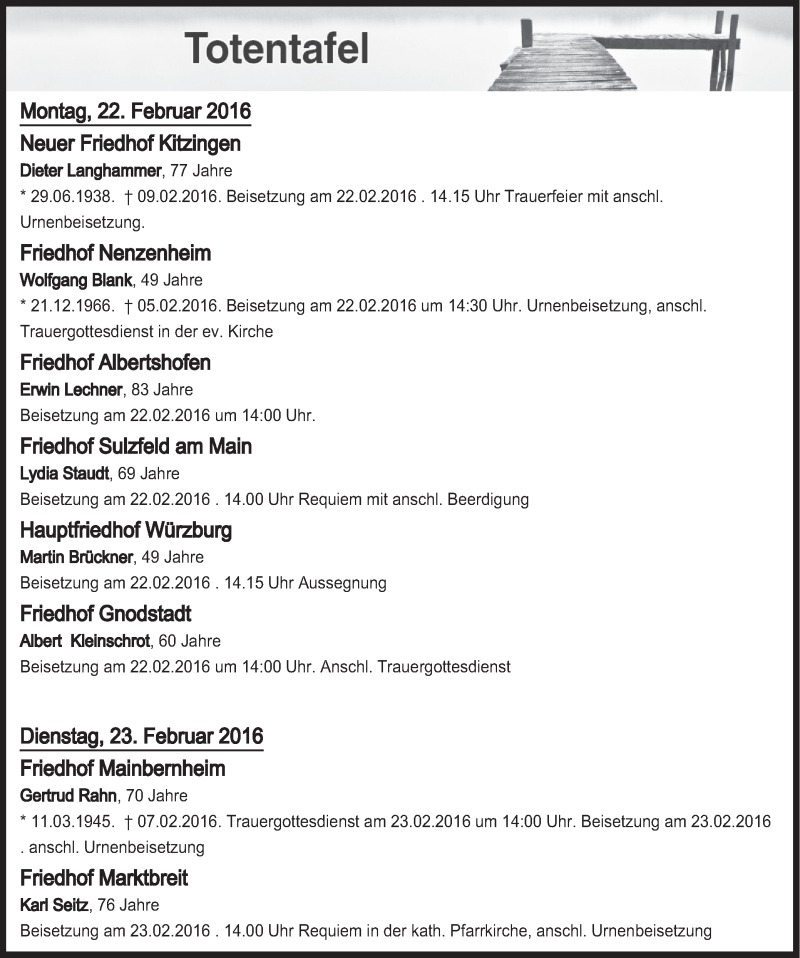  Traueranzeige für Totentafel vom 22.02.2016 vom 22.02.2016 aus MGO