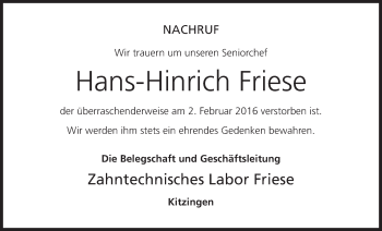 Anzeige von Hans-Hinrich Friese von MGO