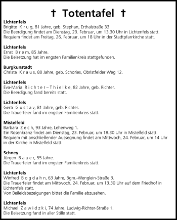 Anzeige von Totentafel vom 23.02.2016 von MGO