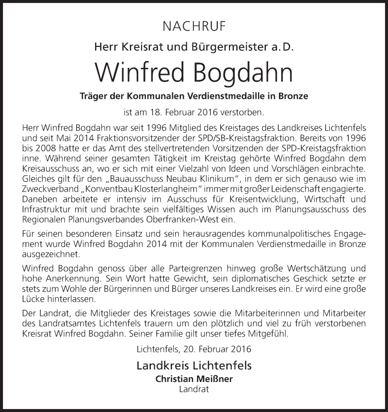  Traueranzeige für Winfred Bogdahn vom 22.02.2016 aus MGO
