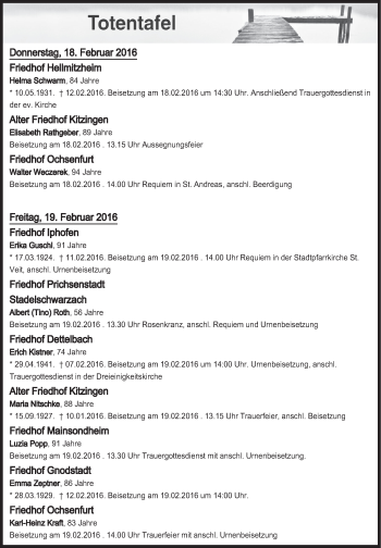 Anzeige von Totentafel vom 18.02.2016 von MGO