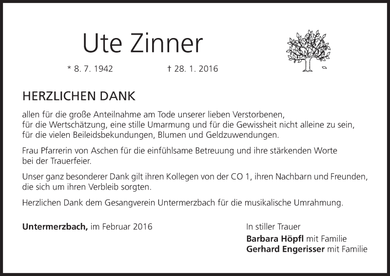  Traueranzeige für Ute Zinner vom 13.02.2016 aus MGO