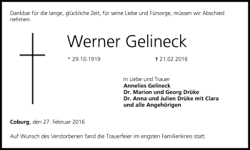 Anzeige von Werner Gelineck von MGO