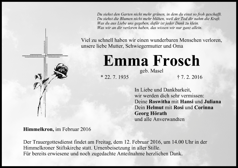  Traueranzeige für Emma Frosch vom 10.02.2016 aus MGO