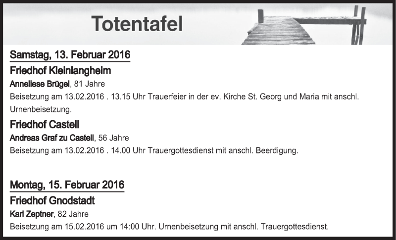  Traueranzeige für Totentafel vom 13.02.2016 vom 13.02.2016 aus MGO