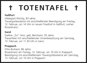 Anzeige von Totentafel vom 12.02.2016 von MGO