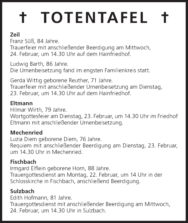  Traueranzeige für Totentafel vom 22.02.2016 vom 22.02.2016 aus MGO