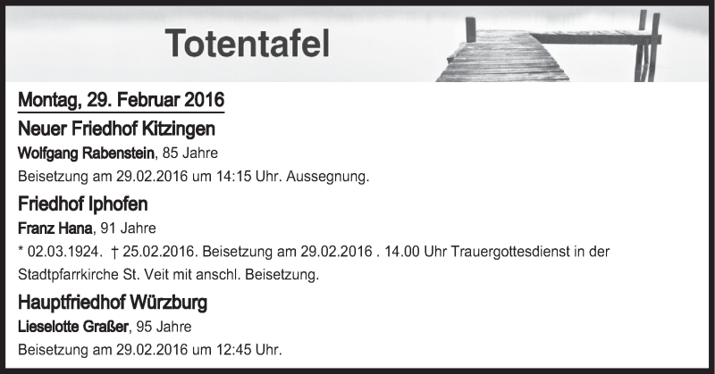  Traueranzeige für Totentafel vom 29.02.2016 vom 29.02.2016 aus MGO