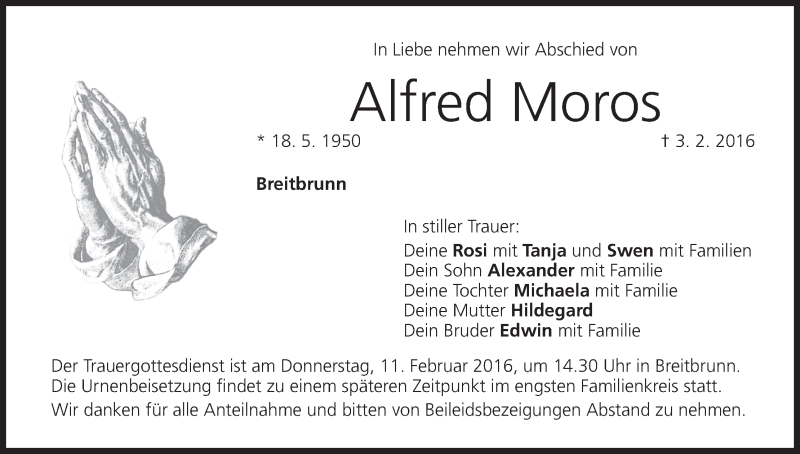  Traueranzeige für Alfred Moros vom 09.02.2016 aus MGO