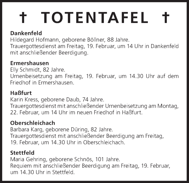  Traueranzeige für Totentafel vom 18.02.2016 vom 18.02.2016 aus MGO