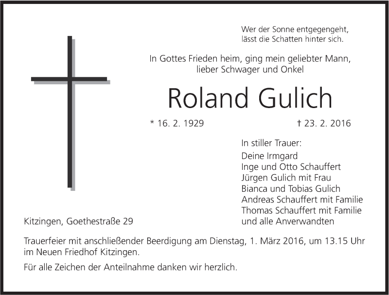  Traueranzeige für Roland Gulich vom 27.02.2016 aus MGO