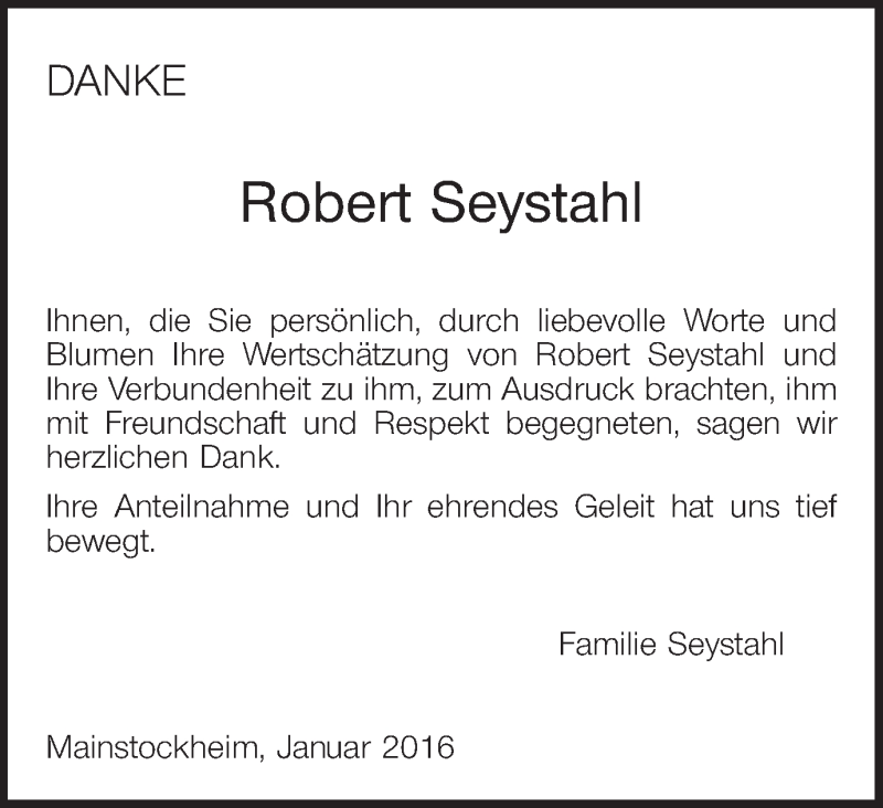  Traueranzeige für Robert Seystahl vom 13.02.2016 aus MGO