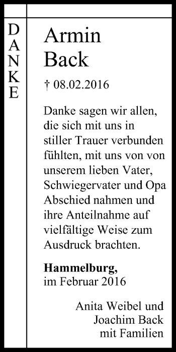 Anzeige von Armin Back von MGO