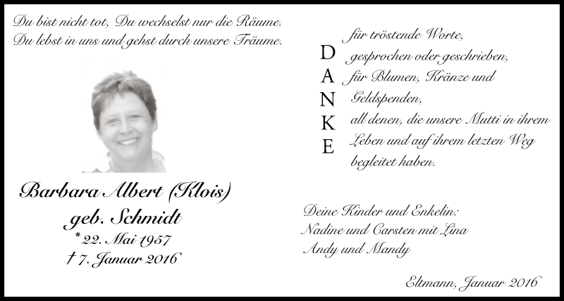  Traueranzeige für Barbara Albert vom 04.02.2016 aus MGO