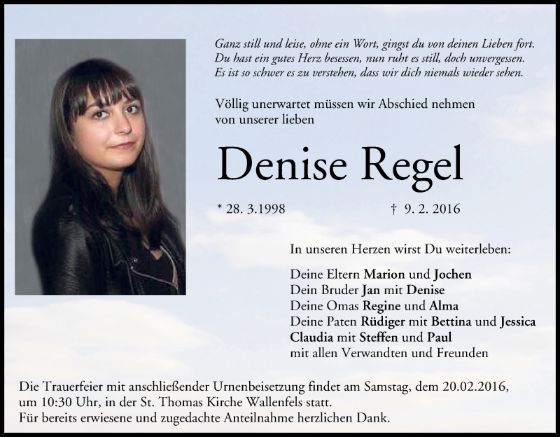  Traueranzeige für Denise Regel vom 18.02.2016 aus MGO