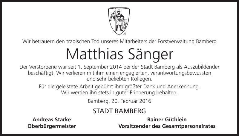  Traueranzeige für Matthias Sänger vom 20.02.2016 aus MGO