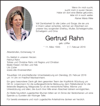 Anzeige von Gertrud Rahn von MGO