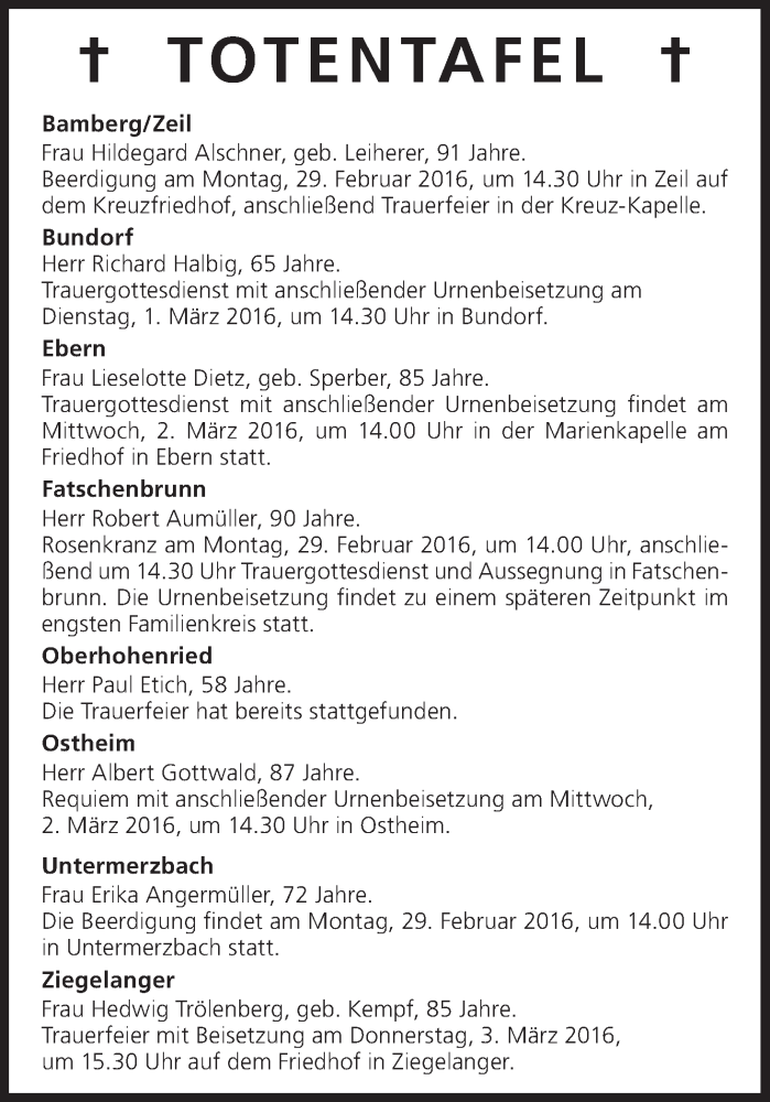  Traueranzeige für Totentafel vom 29.02.2016 vom 29.02.2016 aus MGO
