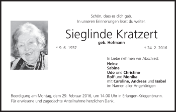Anzeige von Sieglinde Kratzert von MGO