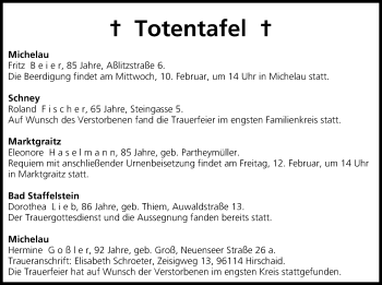 Anzeige von Totentafel vom 09.02.2016 von MGO