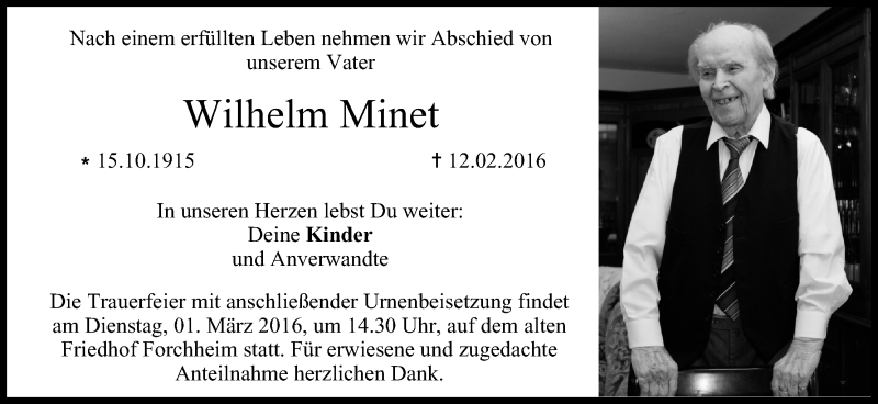  Traueranzeige für Wilhelm Minet vom 27.02.2016 aus MGO