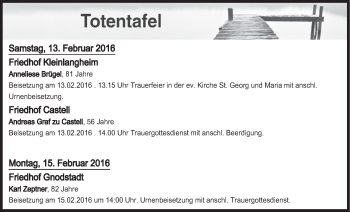 Anzeige von Totentafel vom 13.02.2016 von MGO