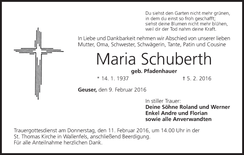  Traueranzeige für Maria Schuberth vom 09.02.2016 aus MGO