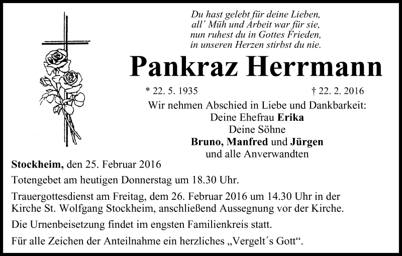  Traueranzeige für Pankraz Herrmann vom 25.02.2016 aus MGO