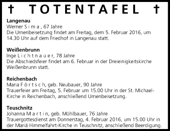 Anzeige von Totentafel vom 04.02.2016 von MGO
