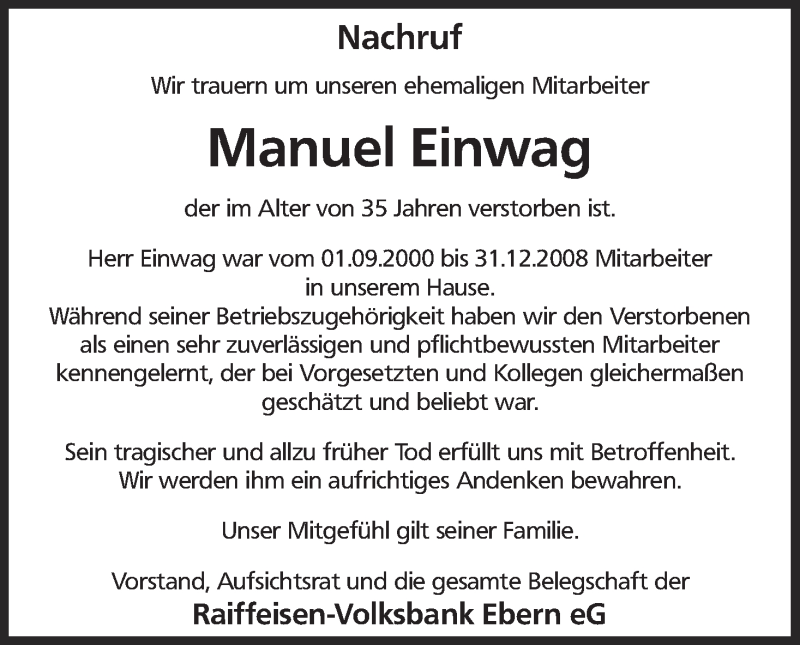  Traueranzeige für Manuel Einwag vom 16.02.2016 aus MGO