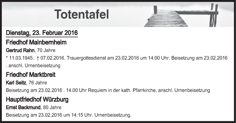  Traueranzeige für Totentafel vom 23.02.2016 vom 23.02.2016 aus MGO
