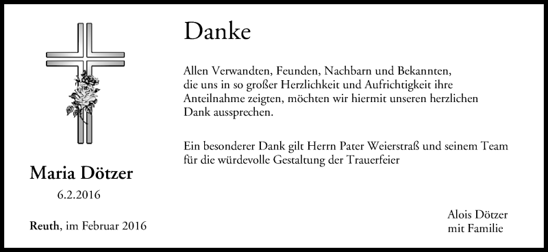  Traueranzeige für Maria Dötzer vom 27.02.2016 aus MGO