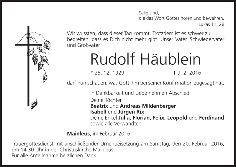  Traueranzeige für Rudolf Häublein vom 17.02.2016 aus MGO