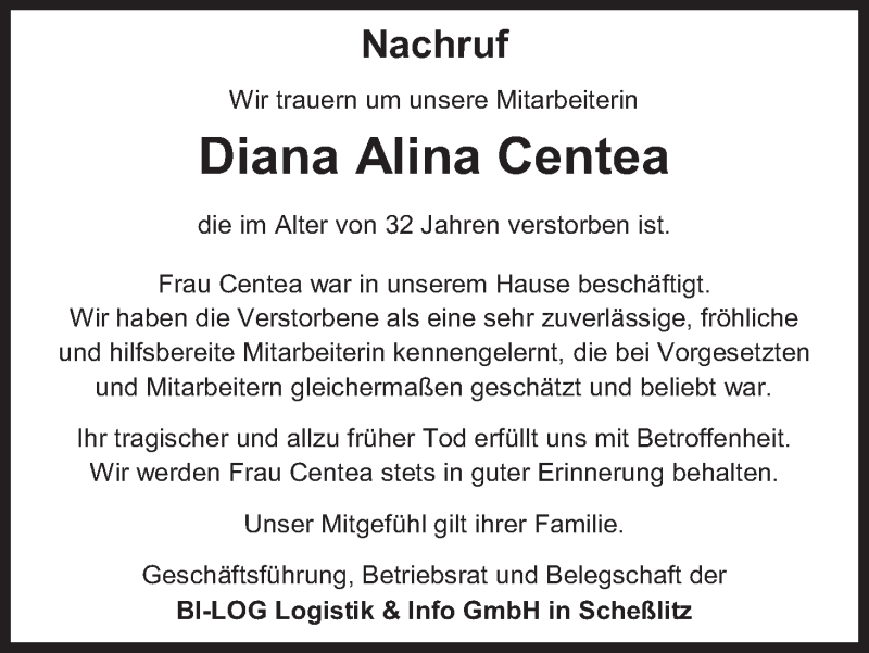 Traueranzeige für Diana Alina Centea vom 19.02.2016 aus MGO